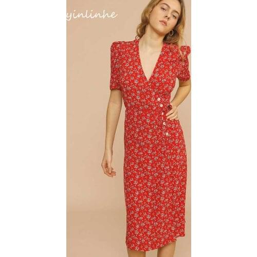 Yinlinhe Red Floral Wrap Dress Women Slim Waist Elegant Summer Dress Short Sleeve Vintage Long Button Dress French Outfits 2140