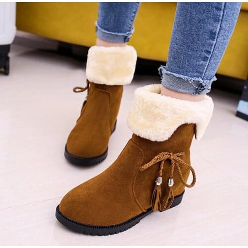 2021 Foldable Short Plush Snow Boots Women Winter Warm Faux Fur Shoes Butterfly-knot Fringe Flat Footwear Female Casual Booties