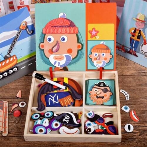 Wooden Magnetic Puzzle Jigsaw Puzzle Childrens Fun Box Educational Puzzle Magnet Book Magnetic Stickers Toys For Kids