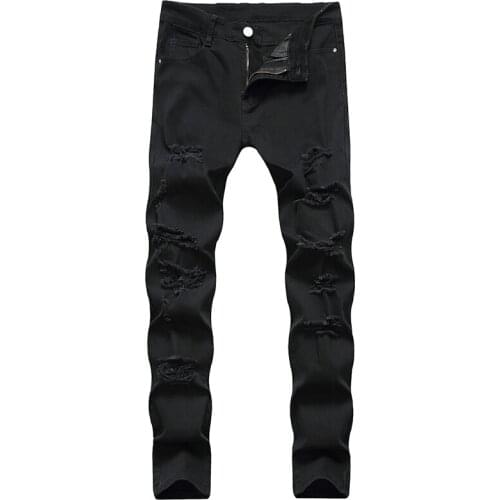 Black Jeans Men New Elasticity Hole Design mens Jeans Long Cotton Fashion High Quality Brand Jeans Large Size Pants Dropship