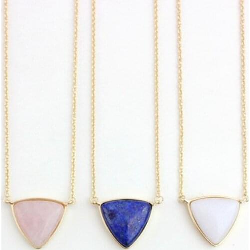 FYSL Light Yellow Gold Color Geometric Shape Rose Pink Quartz Pendant Link Chain Necklace Lapis Lazuli Jewelry