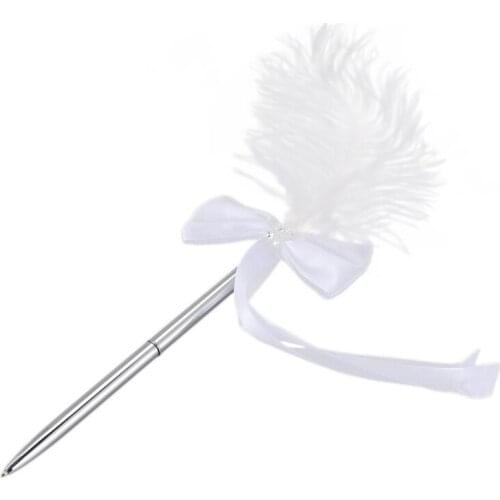 Quality Bowknot Wedding Signing Pen White Ostrich Feather Pen with Diamante