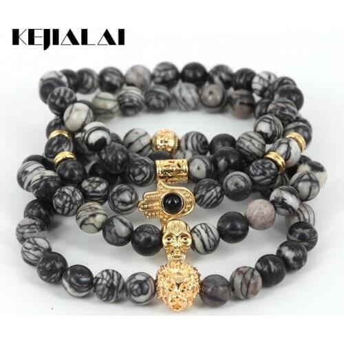 KEJIALAI 2018 Natural Stone Beads Skull Bracelet Men Jewelry Web Stone Beaded Bracelets Pulseira Masculina M-L456 2020