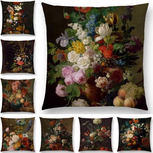 Classical Flowers and Plants Still Life Floriculture Vase Leaf Fruits Oil Painting Art Cushion Cover Sofa Good Pillow Case