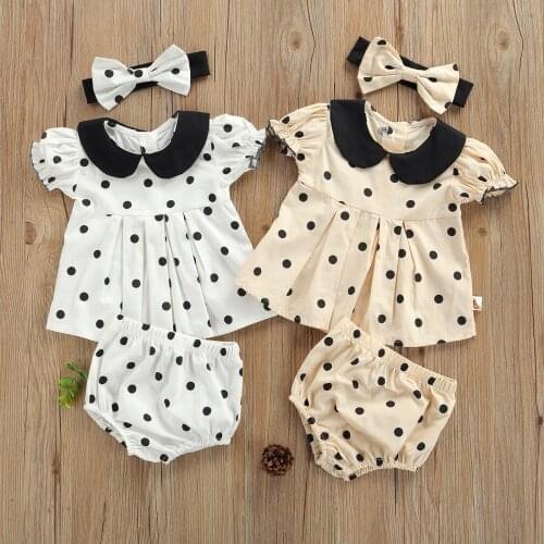 Infant Baby Boys Girls Summer Tracksuit Polka Dot Peter Pan Collar Top + Shorts + Bowknot Hairband Toddler Kids Outwear