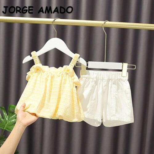 2021 Hot Sale Summer Kids Girls 2-pcs Sets Yellow Plaid Sling Shirts + White Shorts Children Outwear Preschool Clothes E0256