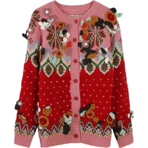 Makuluya Warm Fair Isle Literary Mori Nordic Heavy Work Polka Dot 3D flower long sleeve loose knitting cardigan Sweaters L6