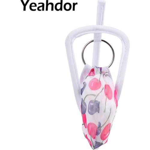 Mens Lingerie Panties Erotic Gay Underwear Cherry Leopard Print Strapless C-string Thong Briefs O-ring Bulge Pouch Underpants