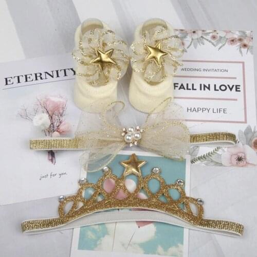 3 Pcs/Set Baby Girl Socks Headband Set Princess Newborn Short Socks Hairband For Girls Anti Slip Lace Flower Bows Crown Socks