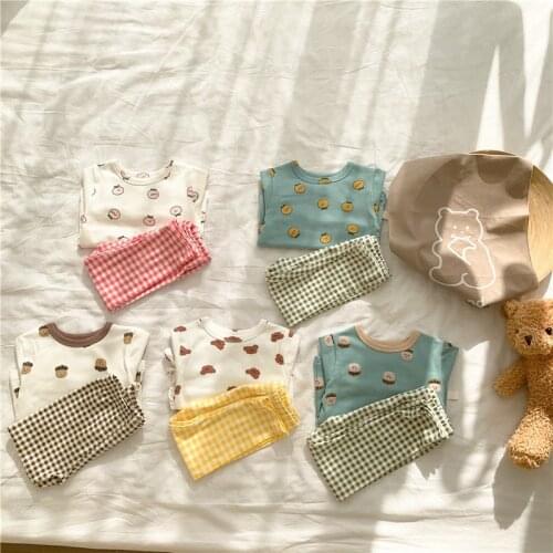 Korean Style New Autumn Children Cotton Pajamas Sets Cartoon Printed Tops Plaid Pants 2pcs Toddlers Kids Sleepwear Outfits