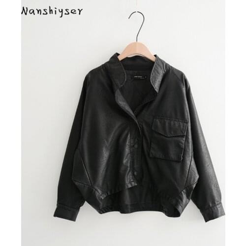 Harajuku Autumn Asymmetrical Batwing sleeves Loose Women Faux PU Soft leather jacket Oversized Short Black biker coat streetwear
