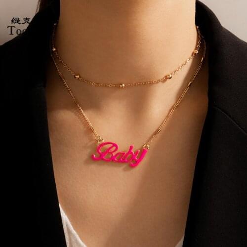 Tocona Lovely Pink Baby Pendant Necklace for Women Gold Color Alloy Metal Multilayer Sweater Chain Party Jewelry Gift 16659