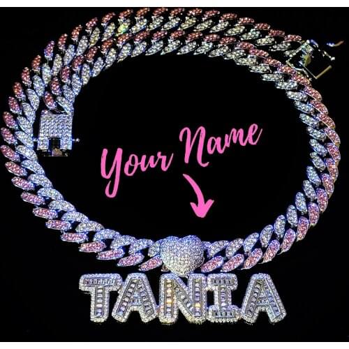 Pink&Clear Stones Cuban Link Chain With Name Pendant Choker Heart Bail Icy Letters Necklace Blingbling Monogram Custom Necklace