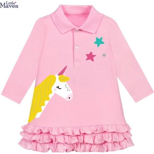 Girls Pink Cartoon Horse Dresses European American Style Cute Autumn Kids Clothes Lapel Long Sleeve A-Line Dress