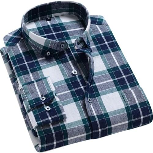 Aoliwen Brand Mens Plaid Checkered Long Sleeve Casual Shirts Single Patch Pocket Comfortable Fashion Standard-fit Striped Shirt