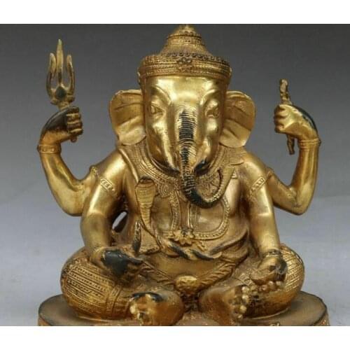Old China Bronze Gilt Four Arms hand Ganapati mammon Elephant God Buddha Statue