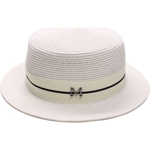 Summer New M Letter Retro Ribbon Braided Flat Head Straw Hat Lady Classic Wide-brim Sun Hat British Style Sunscreen Beach Hat
