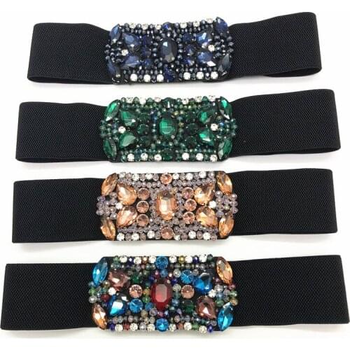 Multi-Colors Glass Crystal Women Waist Belts Geometric Rhinestone Beaded Elastic Waistband Luxury Wide Coreset Stretchy Belt New
