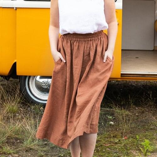 Johnature Summer New Ramie Women Skirts 2021 Vintage Casual Loose Elastic Waist Loose Pockets All Match Women Skirts