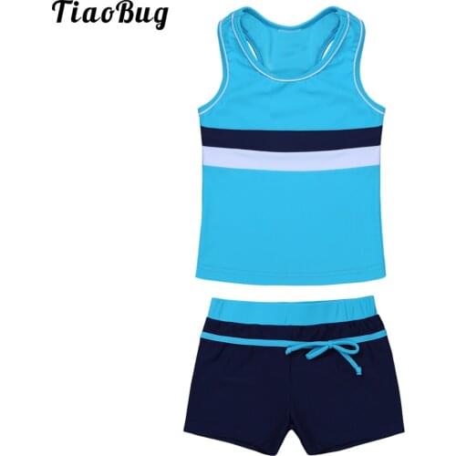Girls Kids Summer 2Pcs Tankini Swimsuit Swimwear Set Tops With Bottoms Printed Stripe Sleeveless Round Neck Bathing Suit