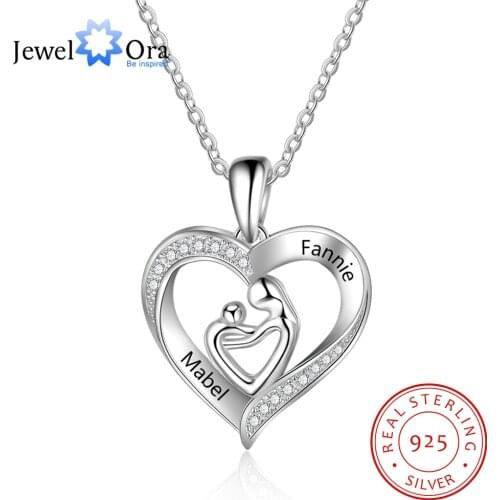 JewelOra 925 Sterling Silver Personalized Mother Baby Pendant Necklace Custom Engraved Name Heart Necklaces for Women