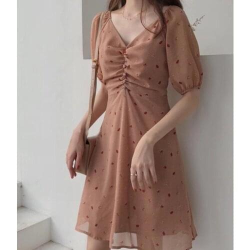 New Korean Floral Skirt 2021 Summer Simple Wave Point Sexy V-neck Waist Slimming Casual Chiffon Women Dress Tide Free Shipping