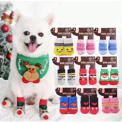 4Pcs/set Winter Warm Anti-Slip Pet Socks for Small Breeds Dogs Christmas Pet Supplies Cute Cartoon Christmas Print Paw Dog Socks