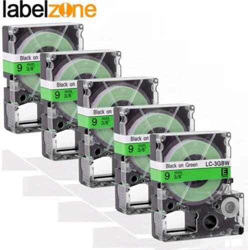 5Pcs 9mm Black on Green compatible Epson LC-3GBW/SC9GW label tapes strong adhesive laminated lc3gbw label ribbon for KingJim