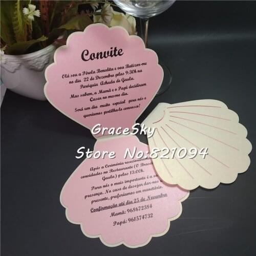 50pcs/lot New Free Shipping Laser Cut Shell Design creative folded style Paper Wedding Invitation RSVP Cards text customized
