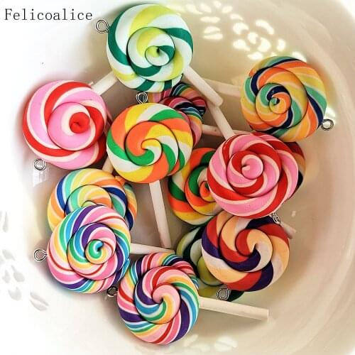 50pcs Flatback DIY Clay Rainbow Colored Lollipop Cabochons Charms Kawaii Pendant Keychain Phone Bag Decoration