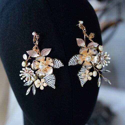 European Flower Brides Ear Clip Evening Woman Pearls Wedding Earrings Prom Hair Jewelry
