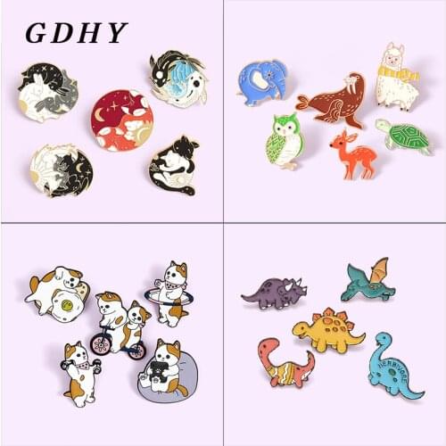 GDHY Fun Animal Zoo Enamel Pins dinosaur elephant owl Alpaca tortoise yin-yang fish cat fox rabbit Brooches Badge Jewelry Gift