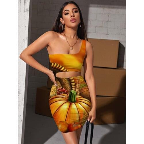 Giyu Brand Pumpkin Dress Women Halloween Pleating Food Hollow out Dresses Landscape Halter Sleeveless Womens Clothing Plus Size
