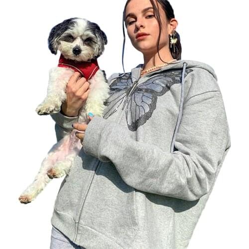IMCUTE Y2K Fashion Oversized Butterfly Graphic Rhinestone Zip Up Hoodies E-girl 90s Streetwear Diamond Grey Long Jacket Autumn