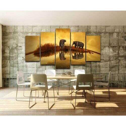 JIE DO ART Canvas Wall Art Pictures Landscape Print Modular Painting 5 Panels Modern Living Room Decorative Animal Elephants