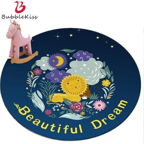 Bubble Kiss Fantasy Lion Pattern Cartoon Round Carpet Home Cute Blue Childrens Room Decor Area Rug Non-slip Bedside Floor Mats
