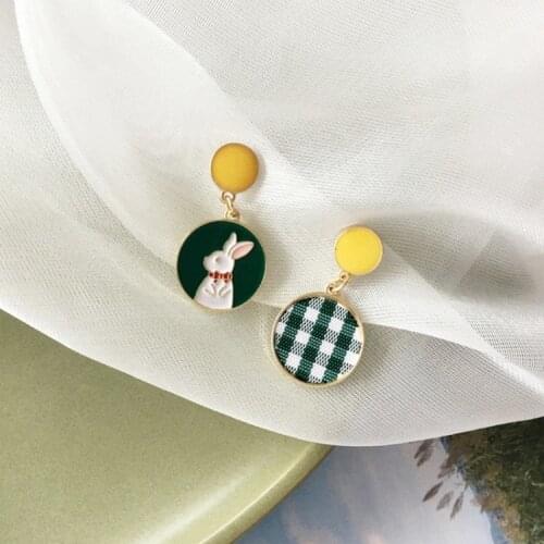 Cute Lovely Green Lattice Rabbit Earring For Women Vintage Elegant Animal Drop Ear Jewelry Girl Student Gift 2021 New