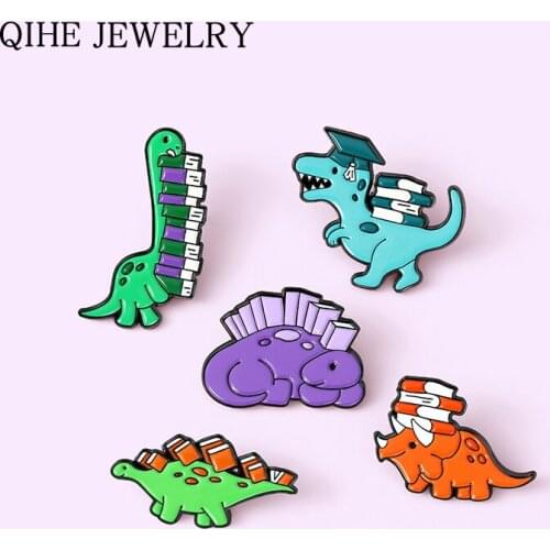 Cartoon Book Dinosaur Enamel Pins Stegosaurus Tyrannosaurus Brooches for Kids Friends Jurassic Animal Badges Jewelry Wholesale