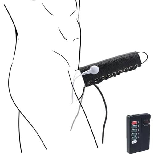 Electro Shock Male PU Cock Ring Bi-Polar Electric Stim Penis Physiotherapy Sleeve Bondage Massager Enlarge Sex Toys for Men