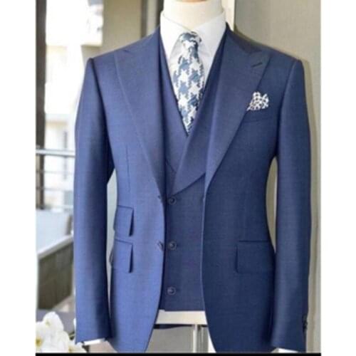 3 Pieces New Arrival Mens Suit 2021 Slim Fit Two Button Peak Lapel Blue Wedding Suit Tailor Made Blazer (Jacket+Pants+Tie))