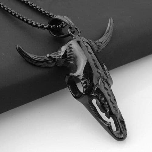 New Stainless Steel Black Vintage Bull Skull Head Pendant Box Chain Necklace Taurus Horns Tribal Casting For Mens Boys Jewelry