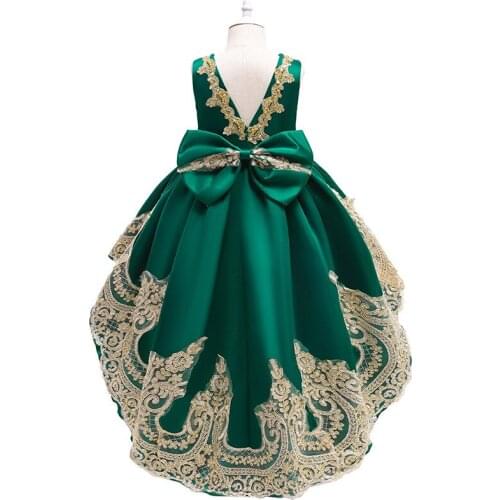 New Summer Kids Clothes Girls High-end Prom Dress Gold Thread Embroidered Lace Princess Dress Girls Catwalk Trailing Dress