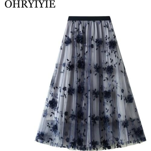 OHRYIYIE High Quality Floral Summer Tulle Skirt Women Elegant Fashion Vintage Embroidery Midi Pleated Skirt Lady Chic Maxi Skirt