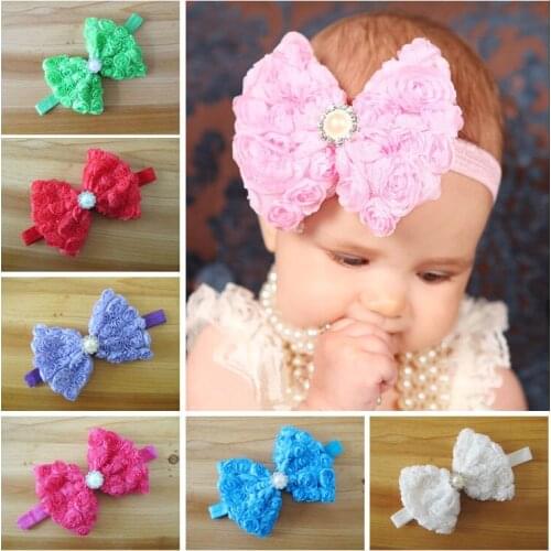 Kids Girls Luxurious Chiffon Rose Bows With Crystal & Thin Elastic Headbands 120pcs/lot Free dhl Shipping