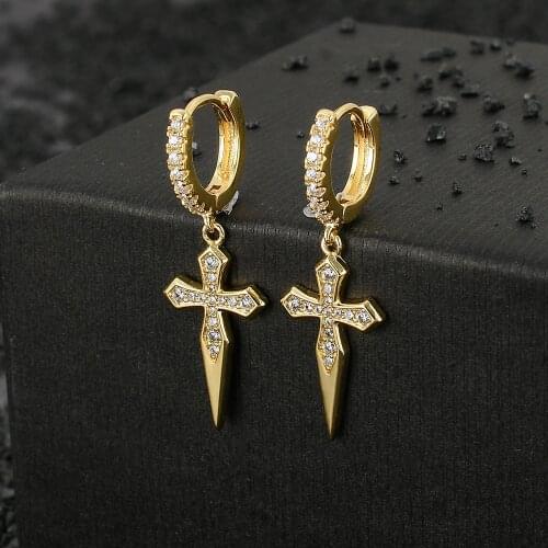 Hip HOP Pure Gold Plating Earrings CZ Bling Ice Out Stud Earring Cubic Zironia Stone Sword Earrings for Men Couple Jewelry Girl