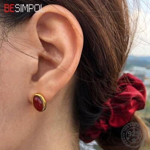Besimpol Genuine 925 Sterling Silver Stud Earrings Vintage Cool Red Agate Earrings For Women Simple Luxury Fine Jewelry Gift
