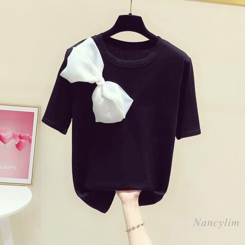 Shoulder Beaded Bowknot T Shirt Womens Round Neck Short Sleeve T-shirts 2021 Summer New Casual Top Girls Ladies All-Match