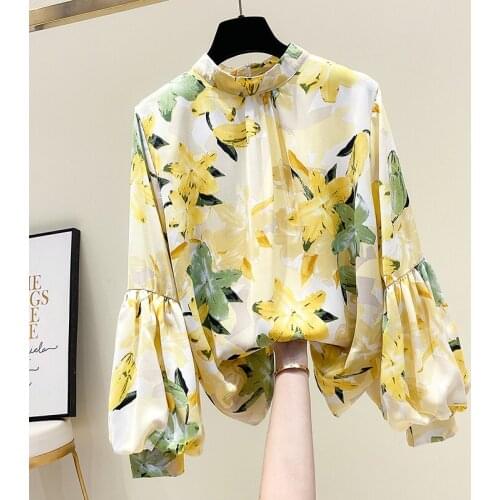 Floral Chiffon Women Blouse Summer New Design 2021 Neck Lantern Sleeved Elegant Office Lady Pulls Outwear Tops