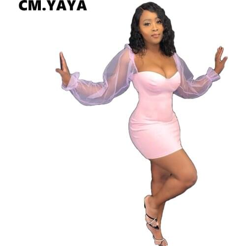CM.YAYA Women Mini Dress Mesh Patchwork Full Pull Sleeve V-neck Strechy Bodycon Dresses Sexy Fashion Streetwear Summer Outfits