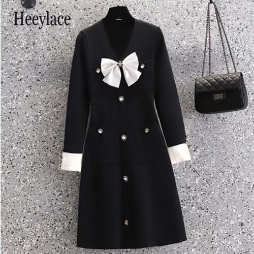 Fashion Women Diamonds Bowknot Sweater Dress 2021 Chic Plus Size Long Sleeve Knitted Single Breasted Pocket A Line Dress
